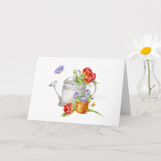 Red Tulips Watering Can Thank You Greeting card (Small Plant)