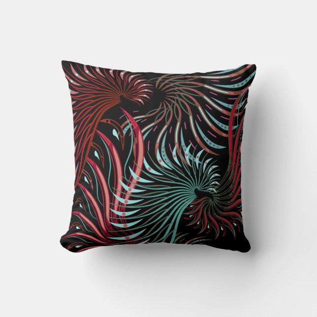 Red, Turquoise and Black Abstract Wings Throw Pillow (Front)