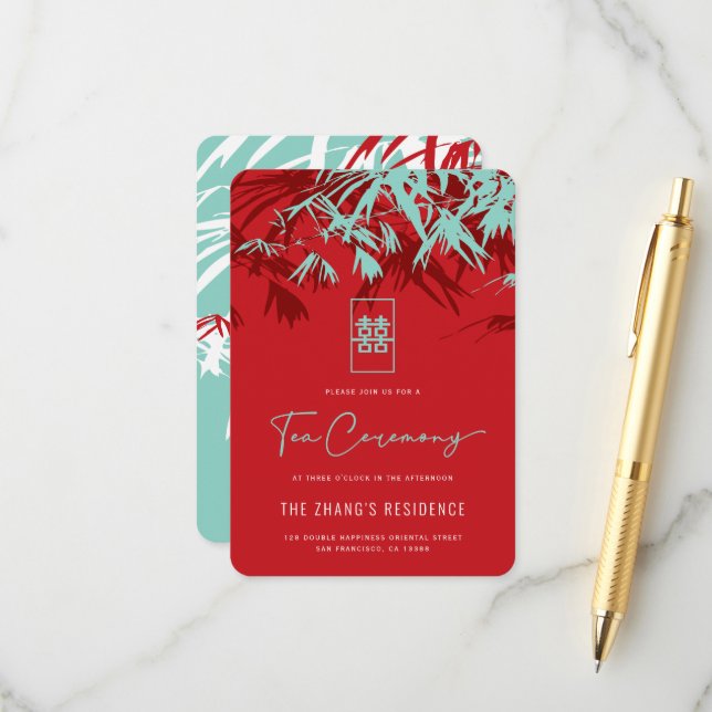 Red & Turquoise Bamboo Leaves Chinese Tea Ceremony Enclosure Card (Front/Back In Situ)