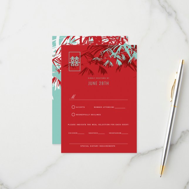 Red & Turquoise Bamboo Leaves Chinese Wedding RSVP Card (Front/Back In Situ)