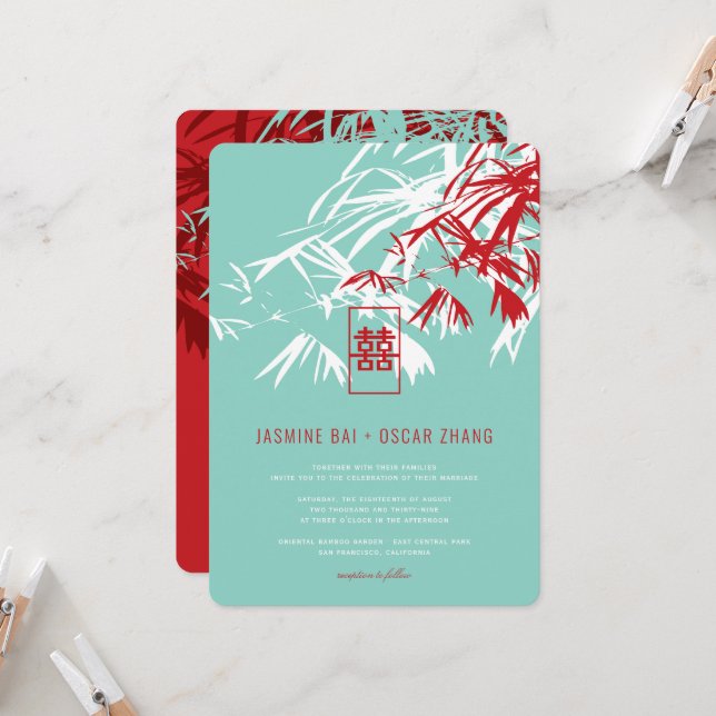 Red & Turquoise Bamboo Leaves Zen Chinese Wedding Invitation (Front/Back In Situ)