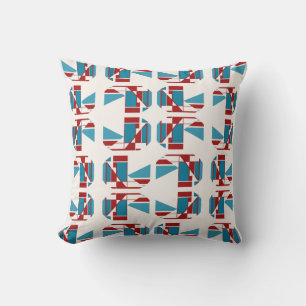 Red Turquoise Blue Boxes in Rows Geometric Design Throw Pillow