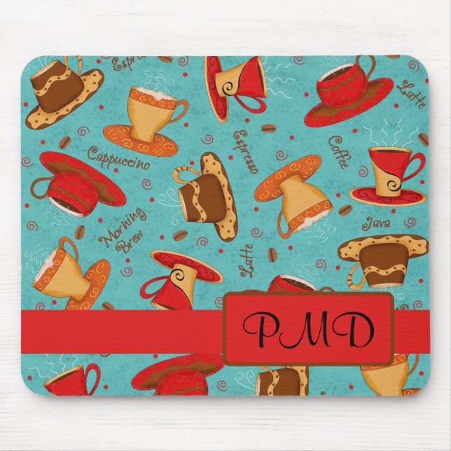 Red Turquoise Coffee Cups Pattern Monogram Mouse Pad (Front)