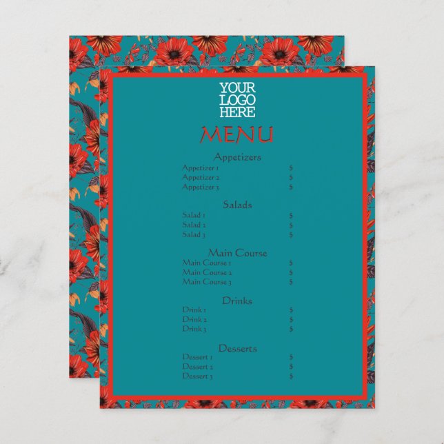 Red Turquoise Floral Café Restaurant Menu (Devant / Derrière)