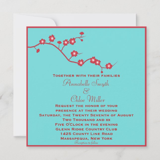 Red & Turquoise Floral Lesbian Wedding Invitation (Front)