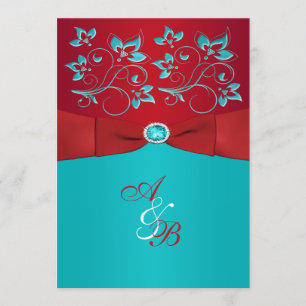 Red Turquoise Floral PRINTED Ribbon Wedding Invite