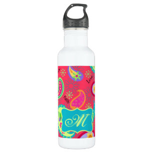 Red Turquoise Modern Paisley Pattern Monogram 710 Ml Water Bottle