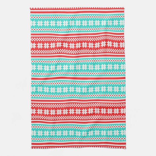 Red Turquoise Norwegian Christmas Sweater Pattern Kitchen Towel (Vertical)