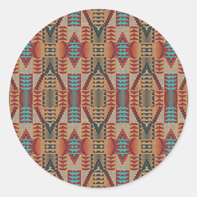 Red Turquoise Orange Brown Ethnic Pattern Art Classic Round Sticker (Front)