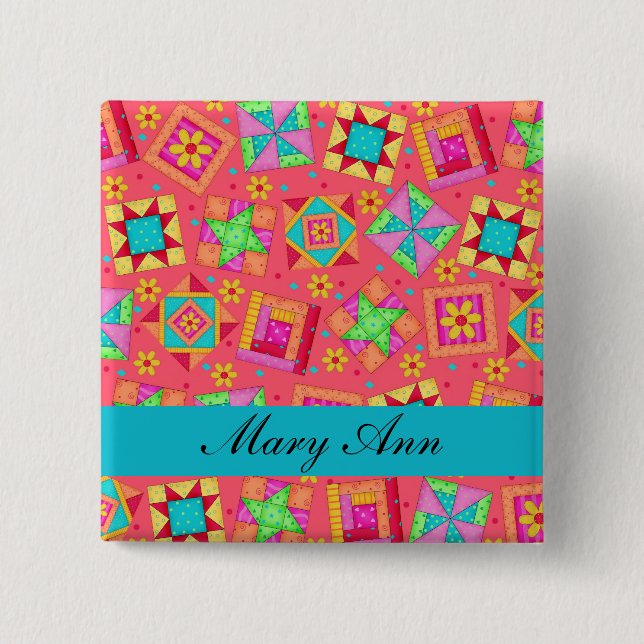 Red Turquoise Patchwork Quilt Name Badge 2 Inch Square Button (Front)