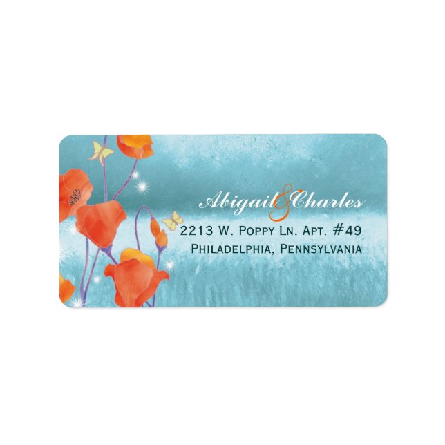 Red Turquoise Poppy Wedding Address Label (Front)