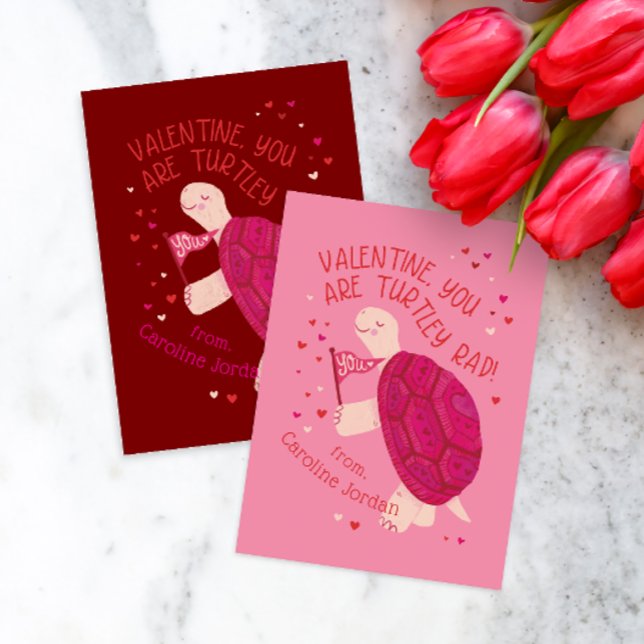 Red Turtle-y Rad School Classroom Kid Valentine Card (Rad Turtle themed classroom valentine cards in pink or red)