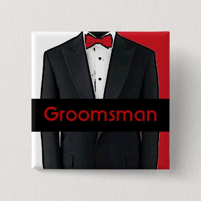 Red tuxedo customizable groomsman button (Front)