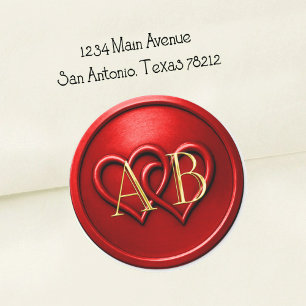 Red Two Hearts Intertwined Monogram Wedding Classic Round Sticker