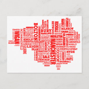 Red type map of Greater Manchester Postcard