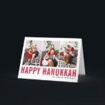 Red Typography Happy Hanukkah Photo Collage  Holiday Card<br><div class="desc">Happy Hanukkah! Customizable Happy Hanukkah photo collage card featuring red simple typography and snow pattern. Personalize by adding three photos,  names,  year and other details. This modern Hanukkah card is available in other colours and cardstock.</div>
