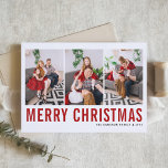 Red Typography Merry Christmas Photo Collage Holiday Card<br><div class="desc">Merry Christmas! Customizable Christmas photo collage card featuring red simple typography and snow pattern. Personalize by adding three photos,  names,  year and other details. This modern Christmas photo card is available in other colours and cardstock.</div>