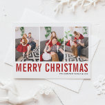 Red Typography Merry Christmas Three Photo Collage Holiday Postcard<br><div class="desc">Merry Christmas! Customizable Christmas photo collage postcard featuring red and black simple typography. Personalize by adding three photos,  names,  year and other details. This modern Christmas postcard is available in other colours and cardstock.</div>