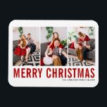 Red Typography Merry Christmas Three Photo Collage Magnet<br><div class="desc">Merry Christmas! Bring a touch of holiday cheer to your home with our Customizable Photo Christmas Magnet! Perfect for displaying cherished memories, this magnet allows you to personalize it with your favourite festive photo, making it a unique addition to your holiday decor. An ideal gift for family and friends—create memorable...</div>