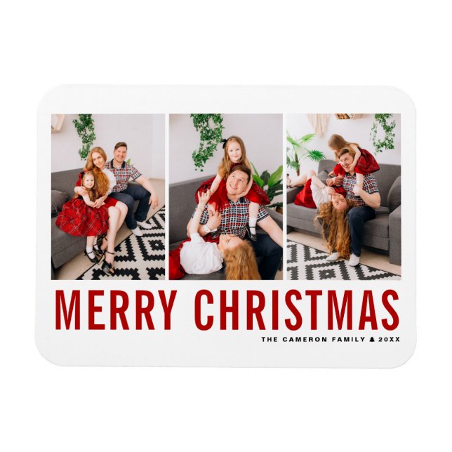 Red Typography Merry Christmas Three Photo Collage Magnet (Horizontal)