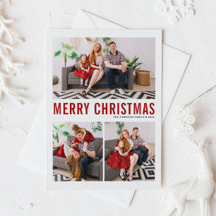 Red Typography Merry Christmas Three Photo Postcar Holiday Postcard