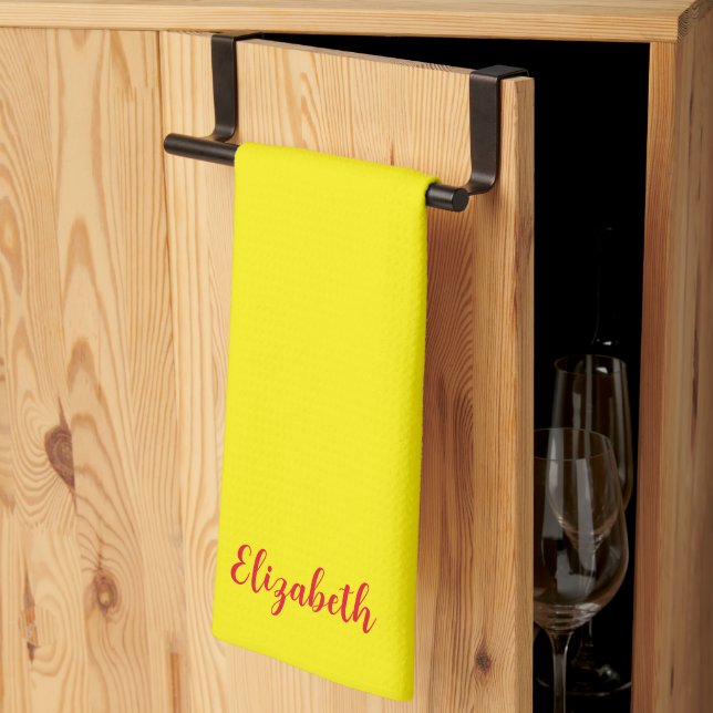 Red Typography Name Yellow Solid Colour Custom Kitchen Towel (Thirds Fold)
