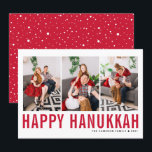 Red Typography Photo Collage Happy Hanukkah Holiday Card<br><div class="desc">Happy Hanukkah! Customizable Happy Hanukkah photo collage flat card featuring red simple typography and snow pattern. Personalize by adding three photos,  names,  year and other details. This modern Hanukkah flat card is available in other colours and cardstock.</div>
