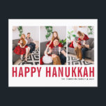 Red Typography Photo Collage Happy Hanukkah Holiday Postcard<br><div class="desc">Happy Hanukkah! Customizable Happy Hanukkah photo collage postcard featuring red simple typography and snow pattern. Personalize by adding three photos,  names,  year and other details. This modern Hanukkah postcard is available in other colours and cardstock.</div>