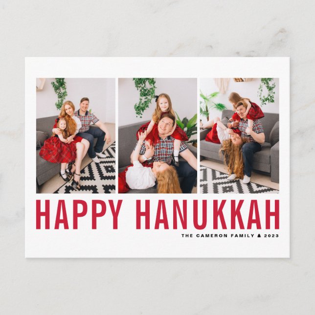 Red Typography Photo Collage Happy Hanukkah Holiday Postcard (Front)