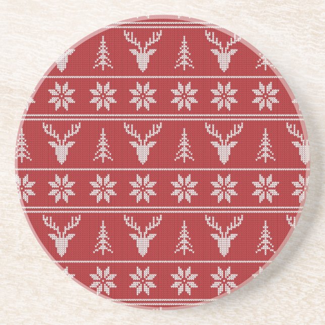 Red ugly Christmas sweater pattern  Coaster (Front)