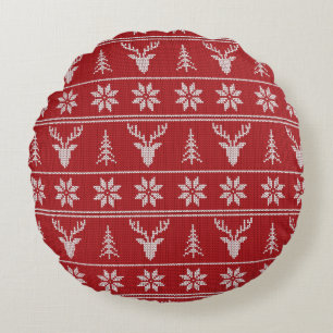Red ugly Christmas sweater pattern  Round Pillow