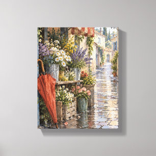 Red Umbrella at the Corner Flower Stall - Rainy St Canvas Print