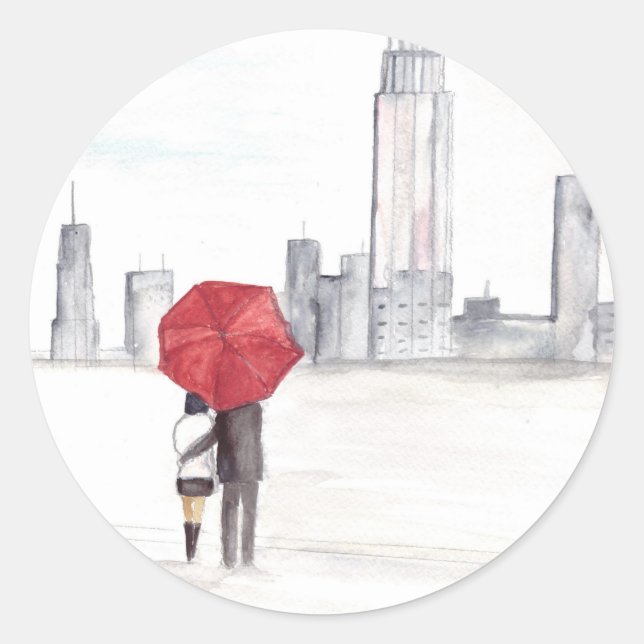 Red umbrella couple New York cool trendy beautiful Classic Round Sticker (Front)