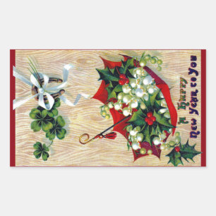 Red Umbrella, Holly and Shamrocks Vintage New Year Sticker