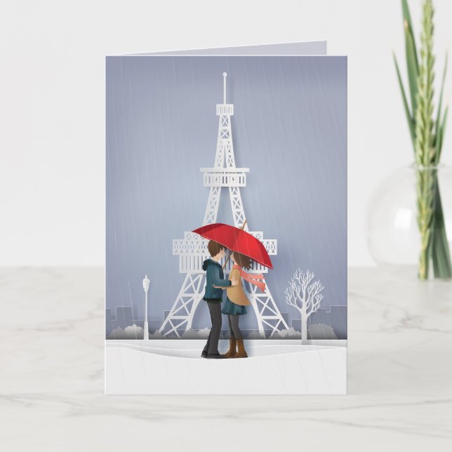 Red Umbrella In Paris Couple Valentines Holiday Card (Front)