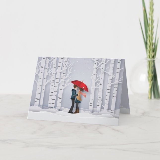 Red Umbrella In the Snow Couple Valentines Holiday Card (Front)