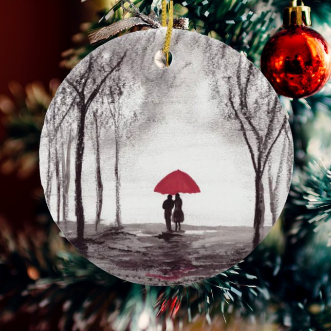 Red umbrella love couple ceramic ornament (Creator Uploaded)