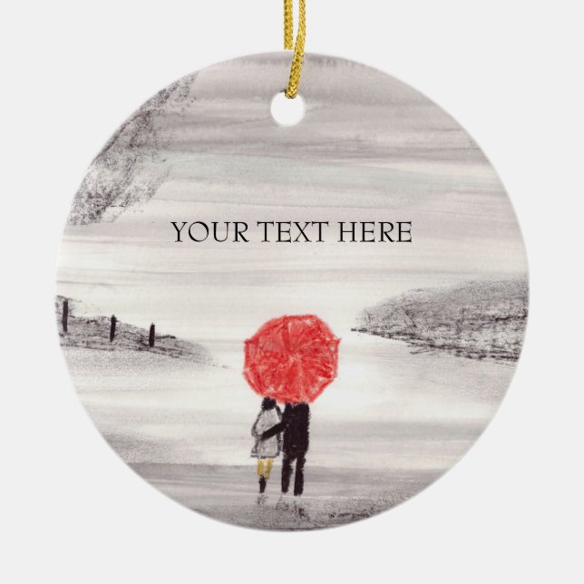 Red umbrella love couple postcard ceramic ornament (Front)