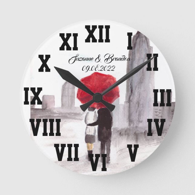 Red umbrella Love Couple Roman Numbers Wedding Rou Round Clock (Front)