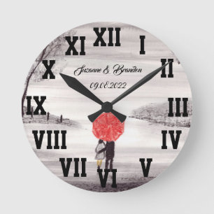 Red umbrella Love Couple Roman Numbers Wedding Round Clock