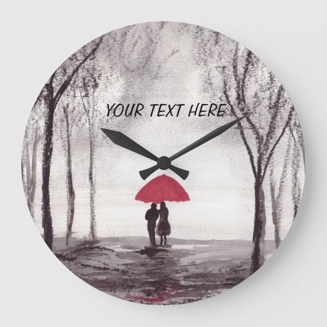 Red umbrella love couple round clock (Front)