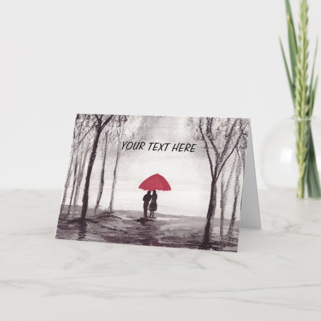 Red umbrella love couple round clock holiday card (Front)