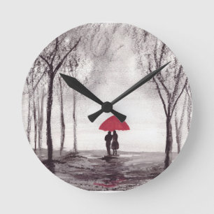 Red umbrella love couple rustic romantic vintage  round clock