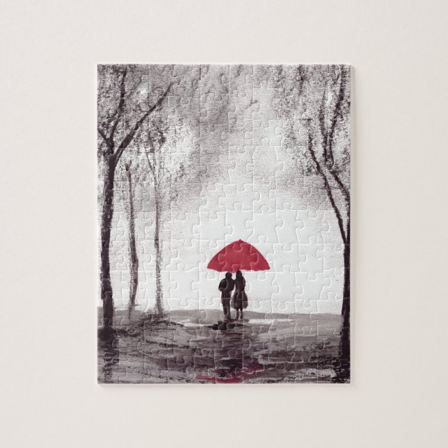 Red umbrella love couple watercolor wedding  jigsaw puzzle (Vertical)