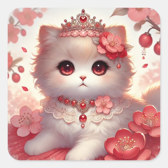 Red Ume Plum Blossom Princess Cat Square Sticker (Front)