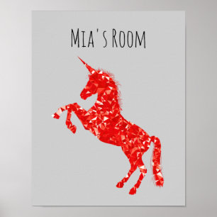 Red Unicorn mystical creature kid's room Poster