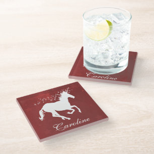 Red Unicorn Personalized Glass Coaster