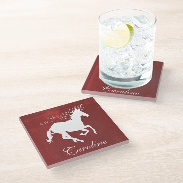 Red Unicorn Personalized Glass Coaster (Angled)
