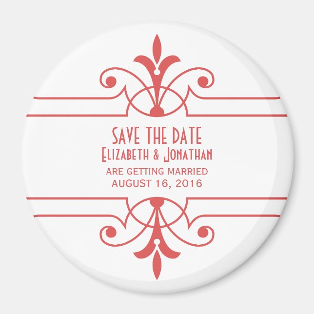 Red v2 Fancy Ornamental Save the Date Magnet (Front)