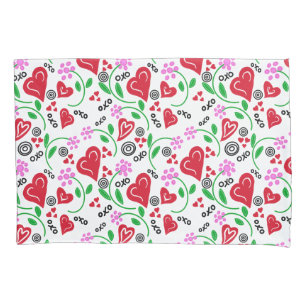 Red Valentine Hearts Pink Flowers Pillowcase